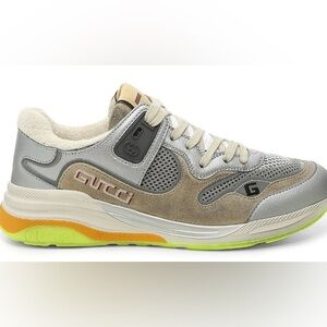New In Box Gucci Ultrapace Leather Sneakers Grey/Silver/Neon  Size 5/35
